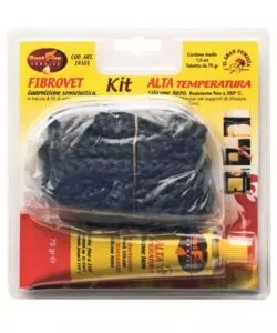 Guarnizione in fibra di vetro best fire 'kit fibrovet' con corda 1,5 mt, diametro 6 mm e tubetto silicone nero da 75 gr